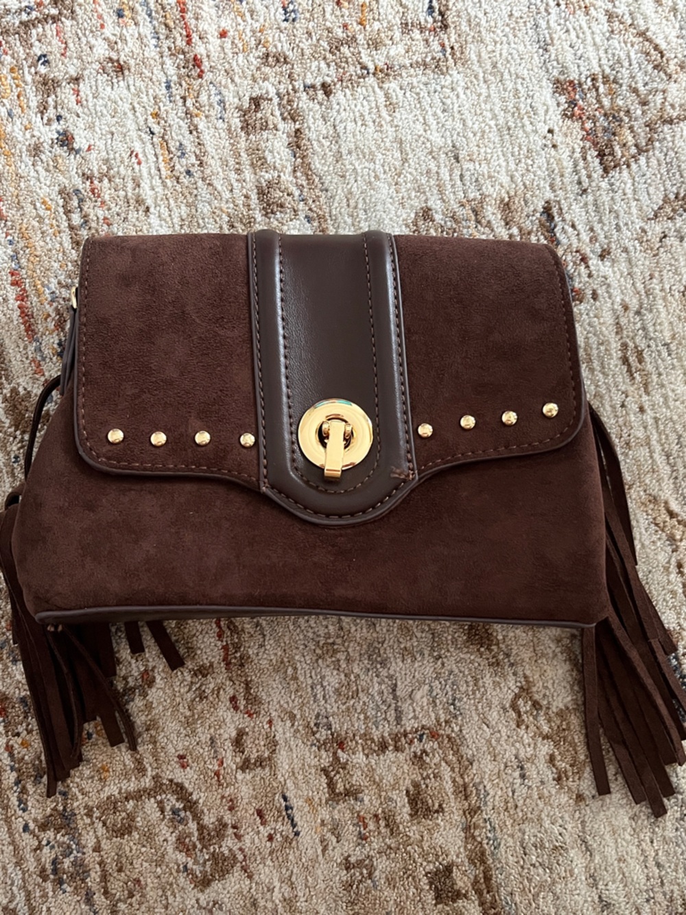 Primark Brown Suede Crossbody with Gold Turn-Lock and Fringe
